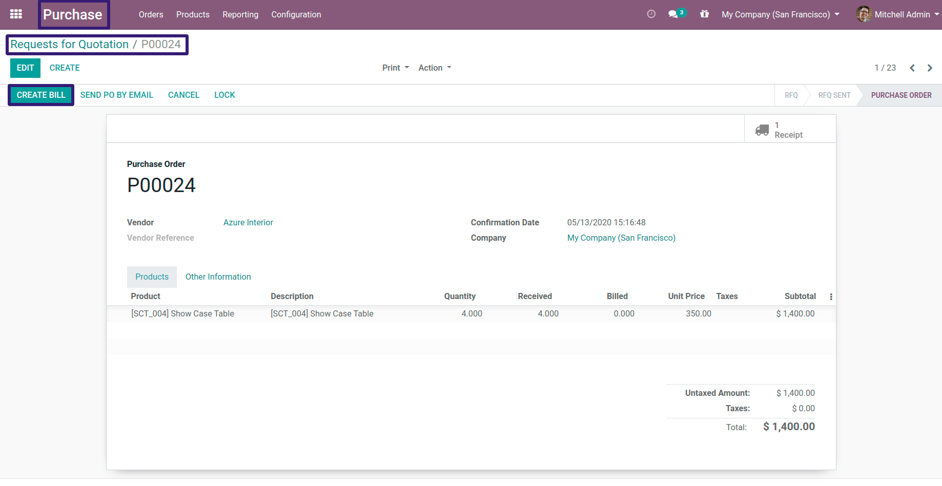 Click on Create Bill in odoo13 Click on Create Bill in odoo13