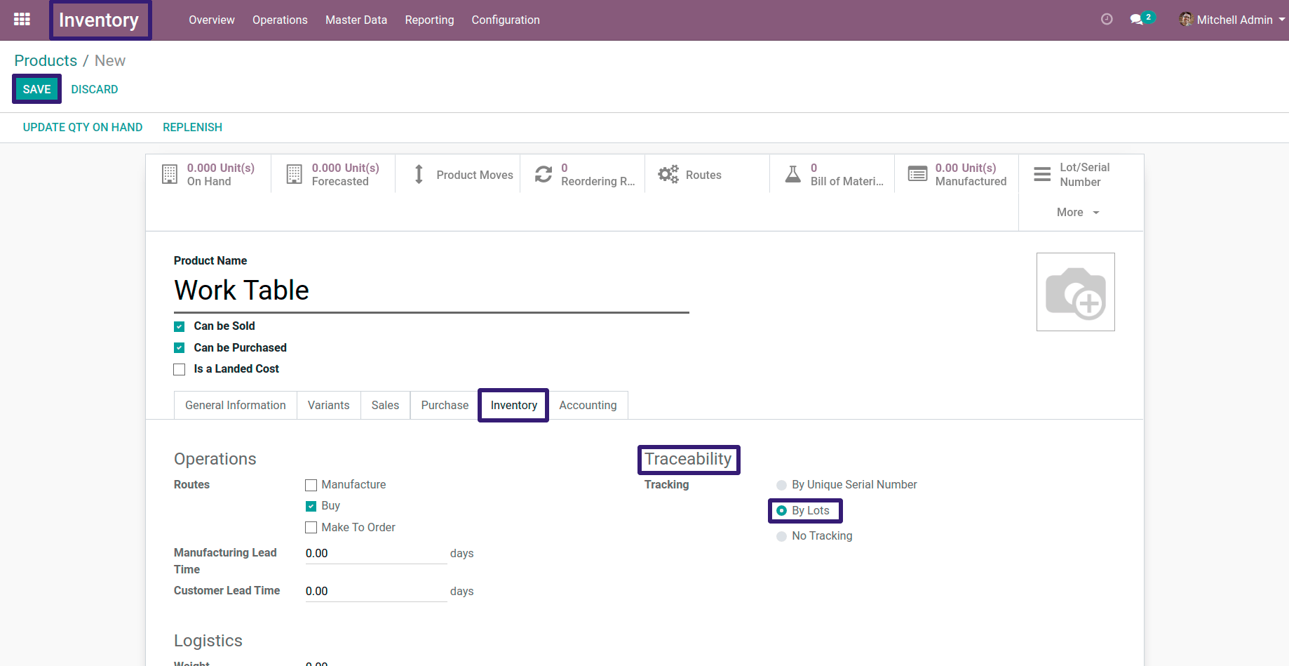 Create a New Product Odoo