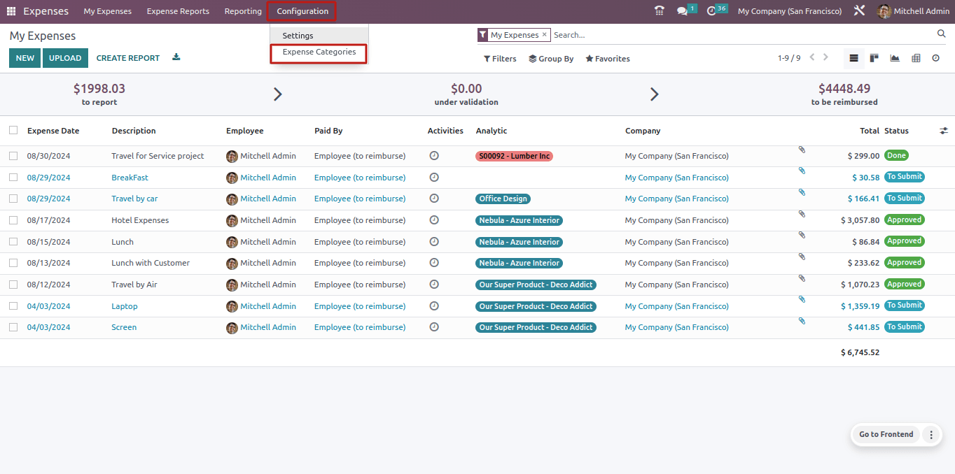 Expense Categories Menu