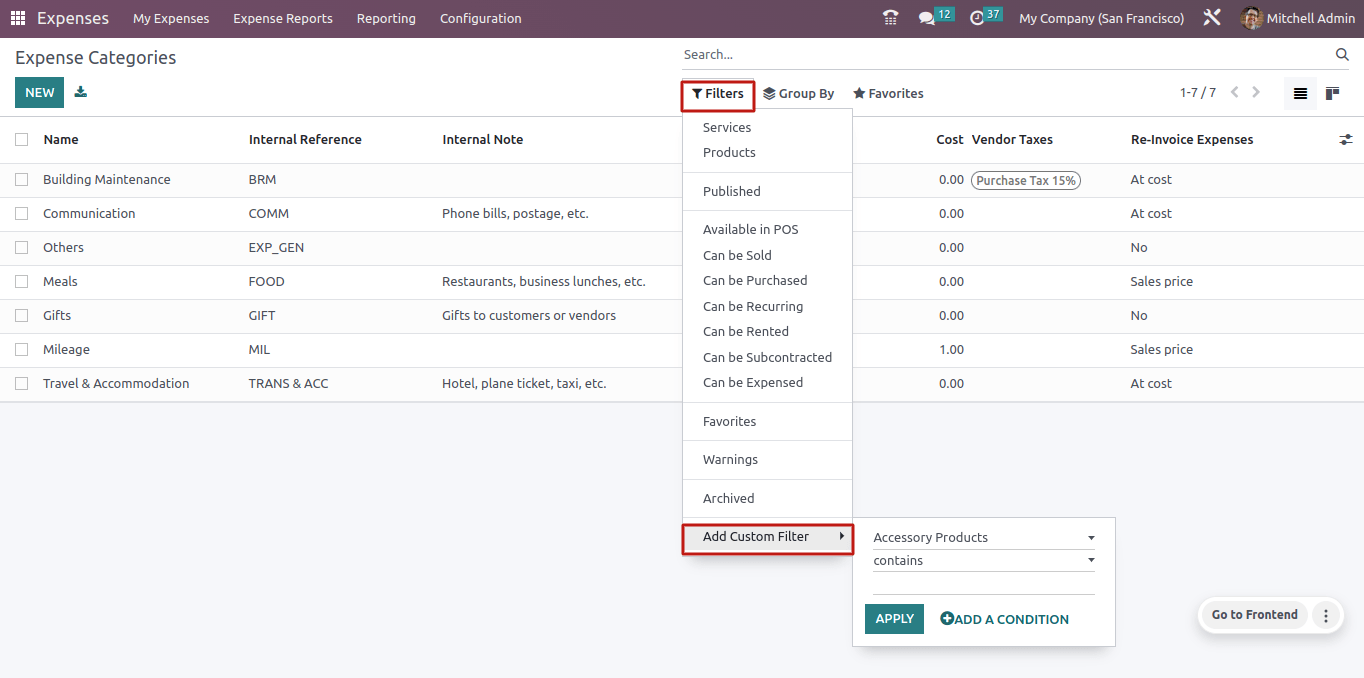 Expense Categories Filters