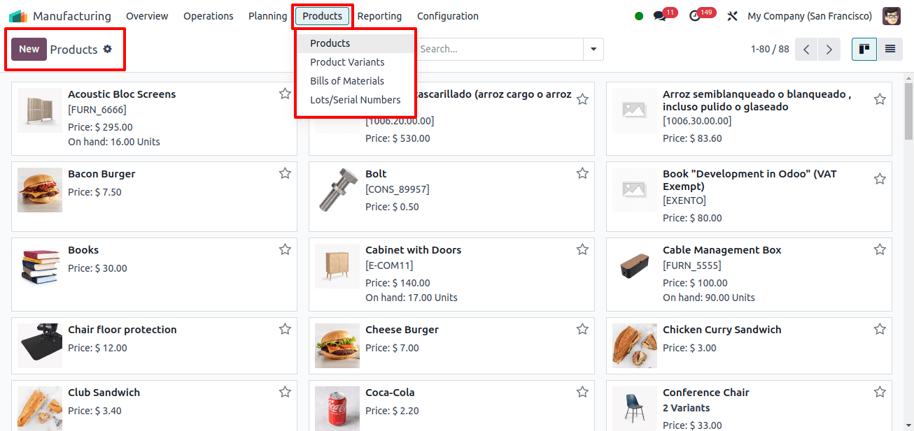 Products Menu